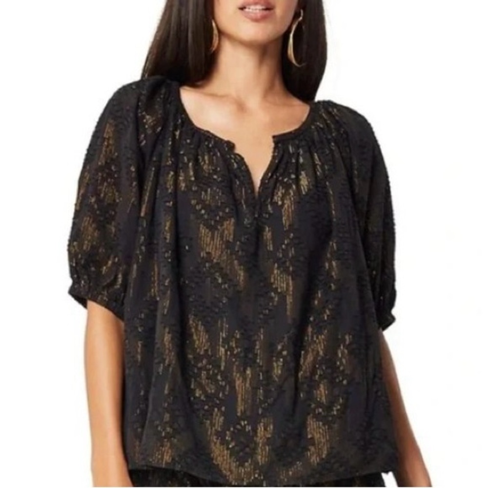 Roller Rabbit “Alianne” 100% Cotton Black Gold Short Sleeve Peasant Blouse M